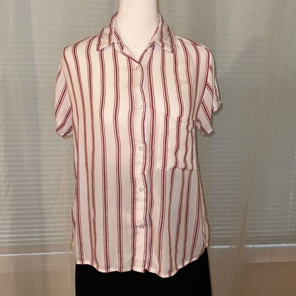 Japna M White Cranberry Red Vertical Striped Short Sleeve Button Down Shirt - Picture 2 of 9